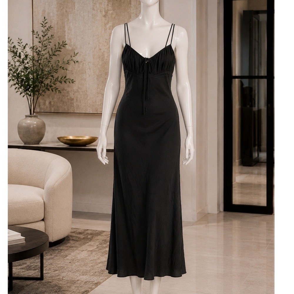 Wilfred Womens Midi Dress Black Smocked Back Adjustable Straps Size 8
